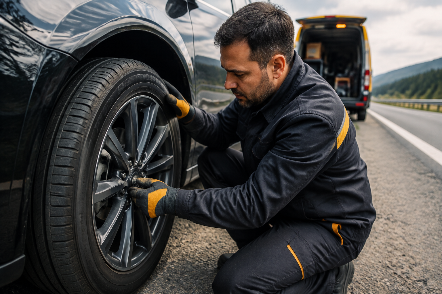 Otoyol kenarında mobil lastik teknisyeni otomobil jantını kontrol ediyor